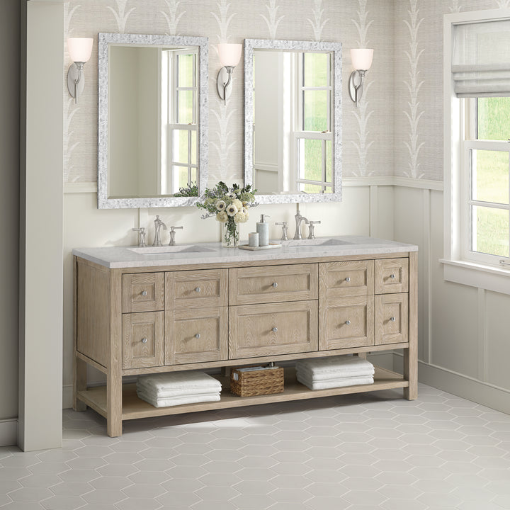 Breckenridge 72" Double Vanity, Whitewashed Oak w/ 3 CM Eternal Jasmine Pearl Silestone Top w/FreePower Wireless Charger
