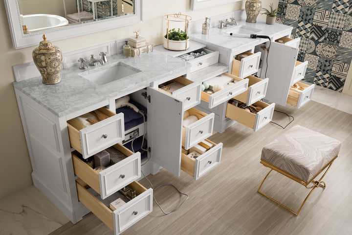 De Soto 118" Double Vanity Set, Bright White w/ 3 CM Carrara Marble Top