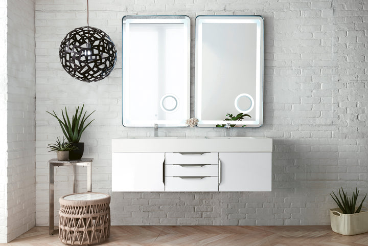 Columbia 59" Double Wall Mount Vanity, Glossy White, Brushed Nickel w/ Glossy White Composite Stone Top