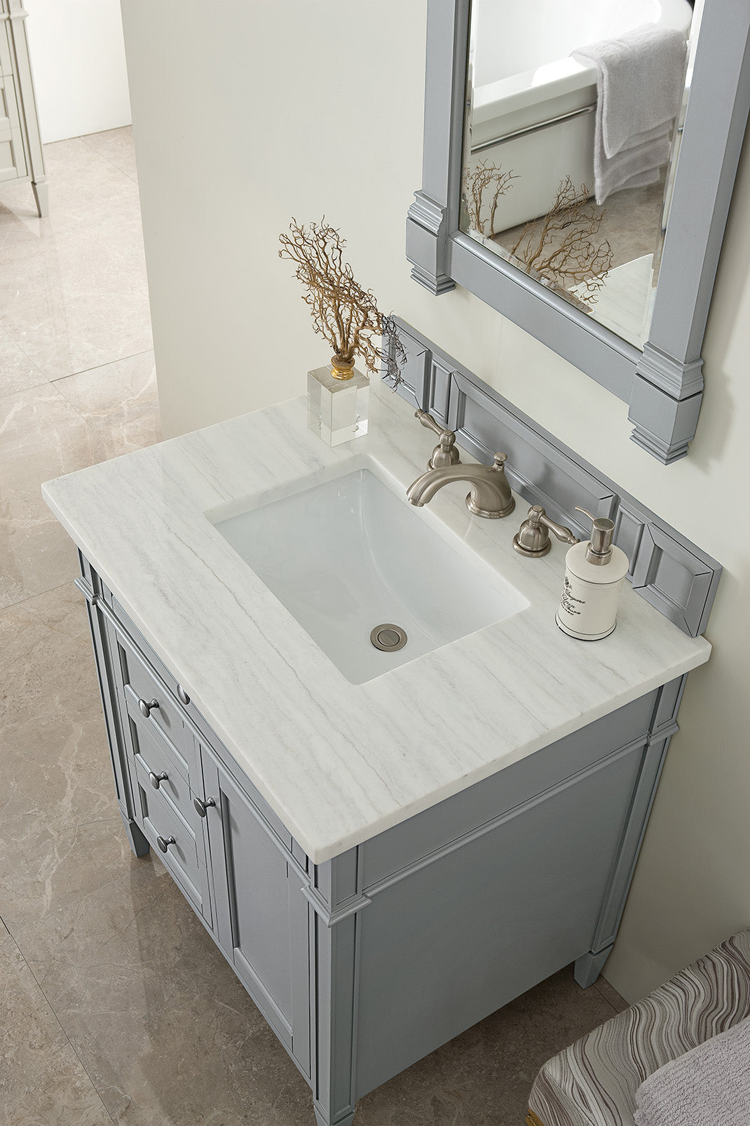 Brittany 30" Single Vanity, Urban Gray w/ 3 CM Arctic Fall Solid Surface Top