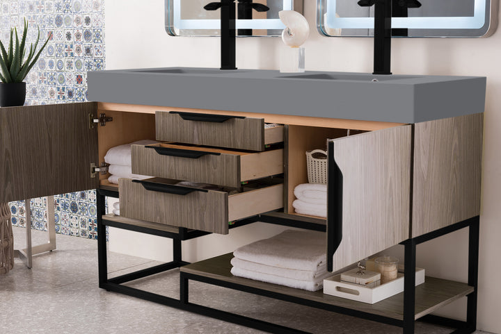 Columbia 59" Double Vanity, Ash Gray, Matte Black w/ Dusk Grey Glossy Composite Stone Top