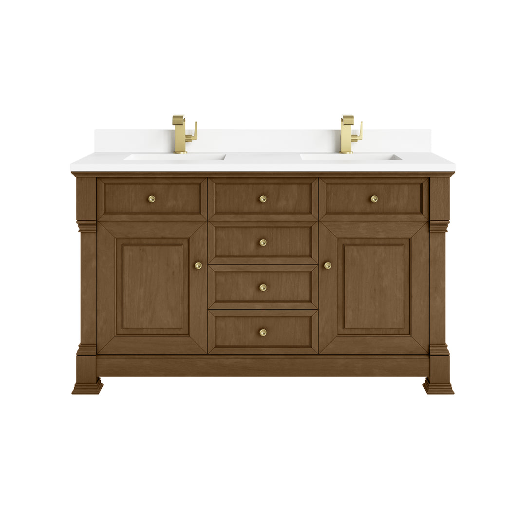 Brookfield 60" Double Vanity, Honey Oak w/ Single Hole 3 CM White Zeus Silestone® Top & Backsplash