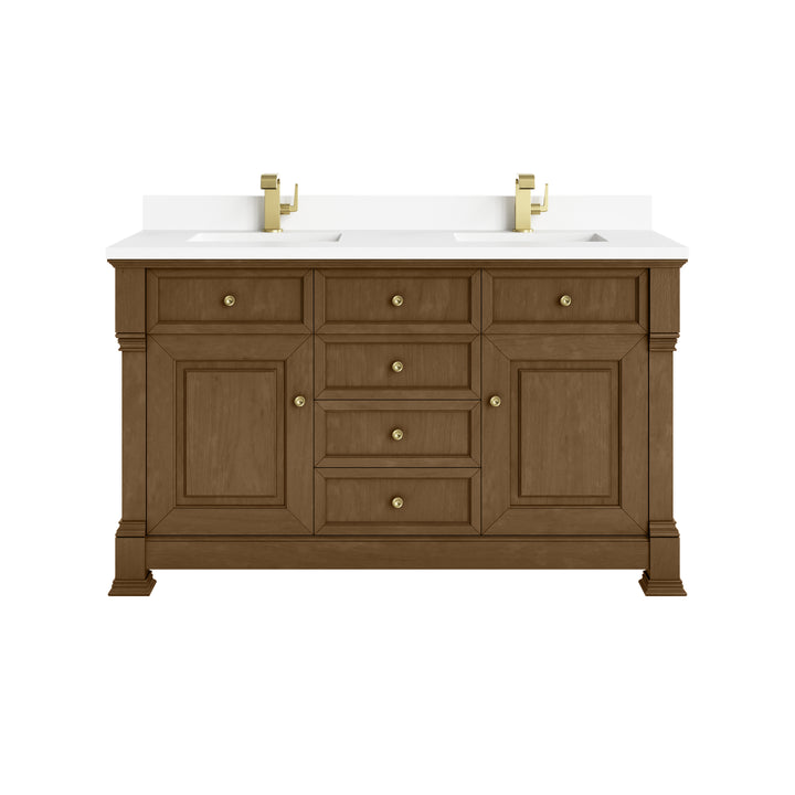Brookfield 60" Double Vanity, Honey Oak w/ Single Hole 3 CM White Zeus Silestone® Top & Backsplash