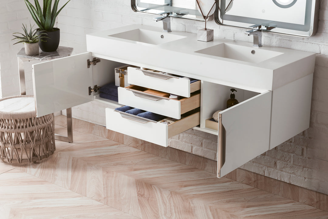 Columbia 59" Double Wall Mount Vanity, Glossy White, Brushed Nickel w/ Glossy White Composite Stone Top