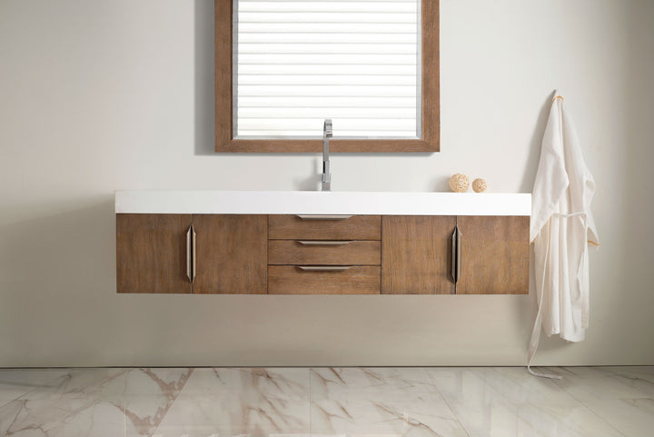 Columbia 72" Single Wall Mount Vanity, Latte Oak, Brushed Nickel w/ Glossy White Composite Stone Top