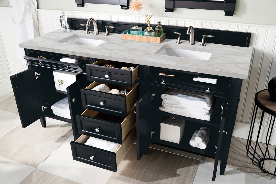 Brittany 72" Double Vanity, Black Onyx w/ 3 CM Victorian Silver Silestone Top