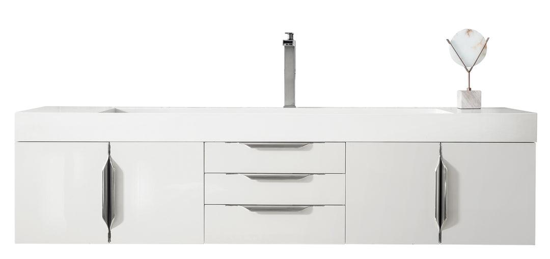 Columbia 72" Single Wall Mount Vanity, Glossy White, Brushed Nickel w/ Glossy White Composite Stone Top