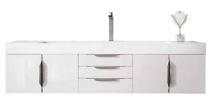 Columbia 72" Single Wall Mount Vanity, Glossy White, Brushed Nickel w/ Glossy White Composite Stone Top