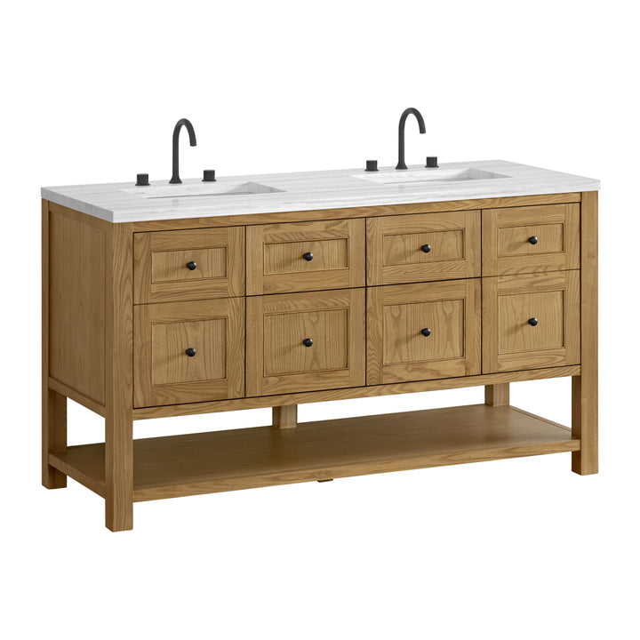 Breckenridge 60" Double Vanity, Light Natural Oak, w/ 3 CM Arctic Fall Solid Surface Top
