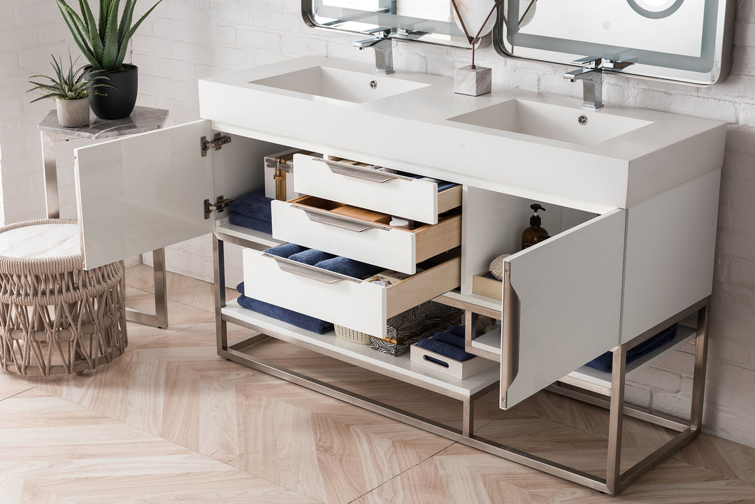 Columbia 59" Double Vanity, Glossy White, Brushed Nickel  w/ Glossy White Composite Stone Top