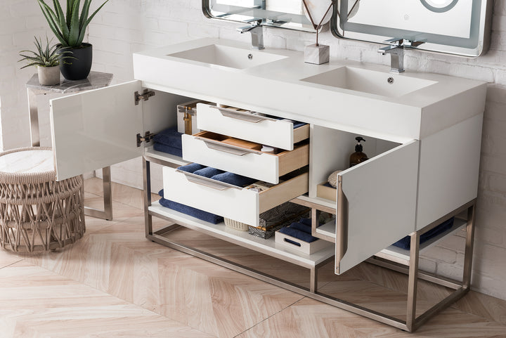 Columbia 59" Double Vanity, Glossy White, Brushed Nickel  w/ Glossy White Composite Stone Top