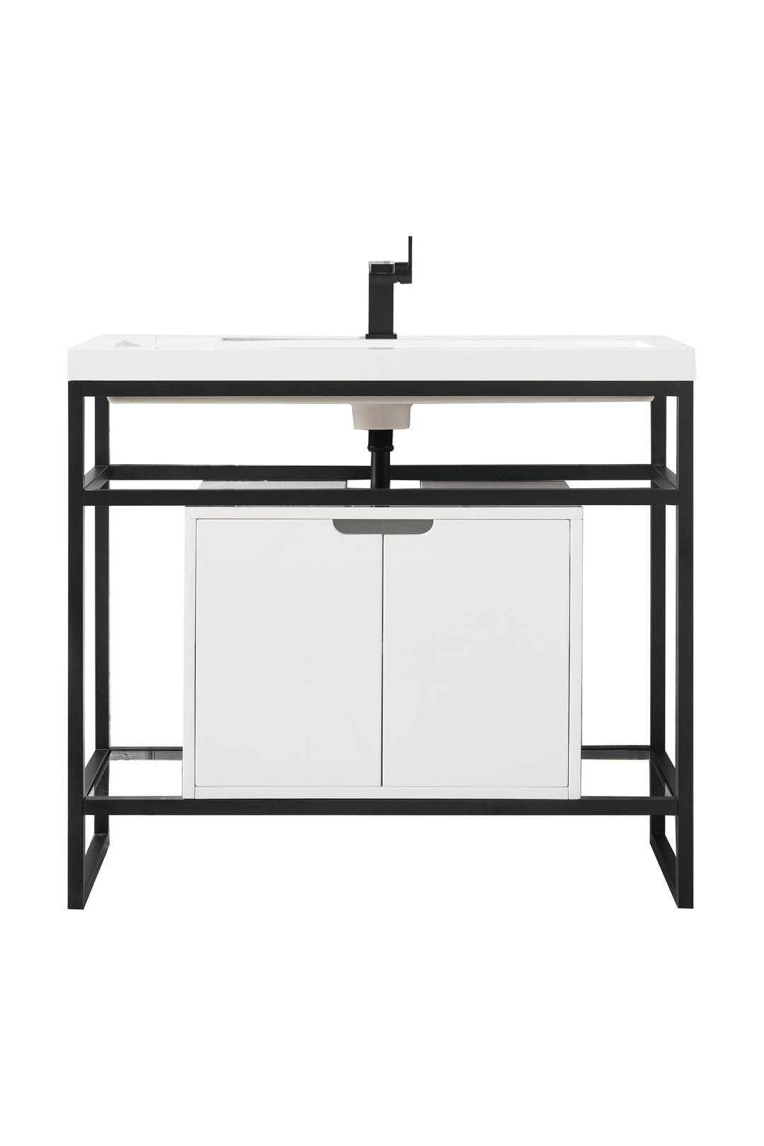 Boston 39.5" Single Console Vanity, Matte Black, Glossy White Storage, White Glossy Composite Stone