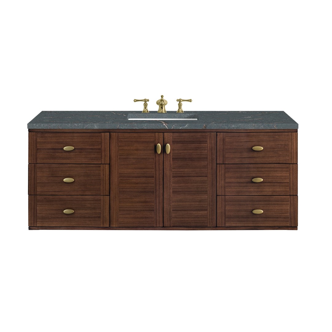 Amberly 60" Single Vanity, Mid-Century Walnut w/ 3 CM Parisien Bleu Top w/FreePower Wireless Charger