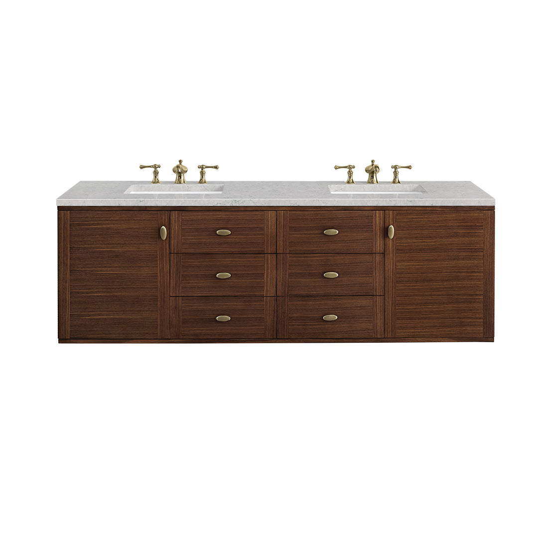 Amberly 72" Double Vanity, Mid-Century Walnut w/ 3 CM Eternal Jasmine Pearl Top w/FreePower Wireless Charger