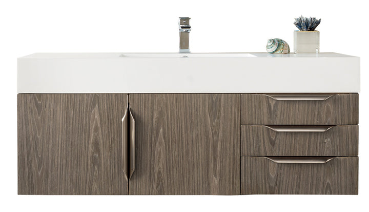 Columbia 48" Single Wall Mount Vanity, Ash Gray, Brushed Nickel w/ Glossy White Composite Stone Top