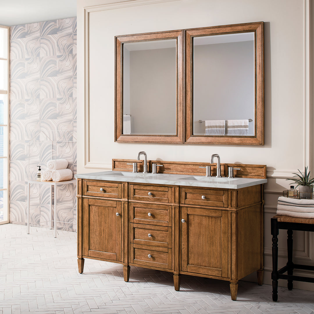 Brittany 60" Double Vanity, Saddle Brown w/ 3 CM Victorian Silver Silestone Top w/FreePower Wireless Charger