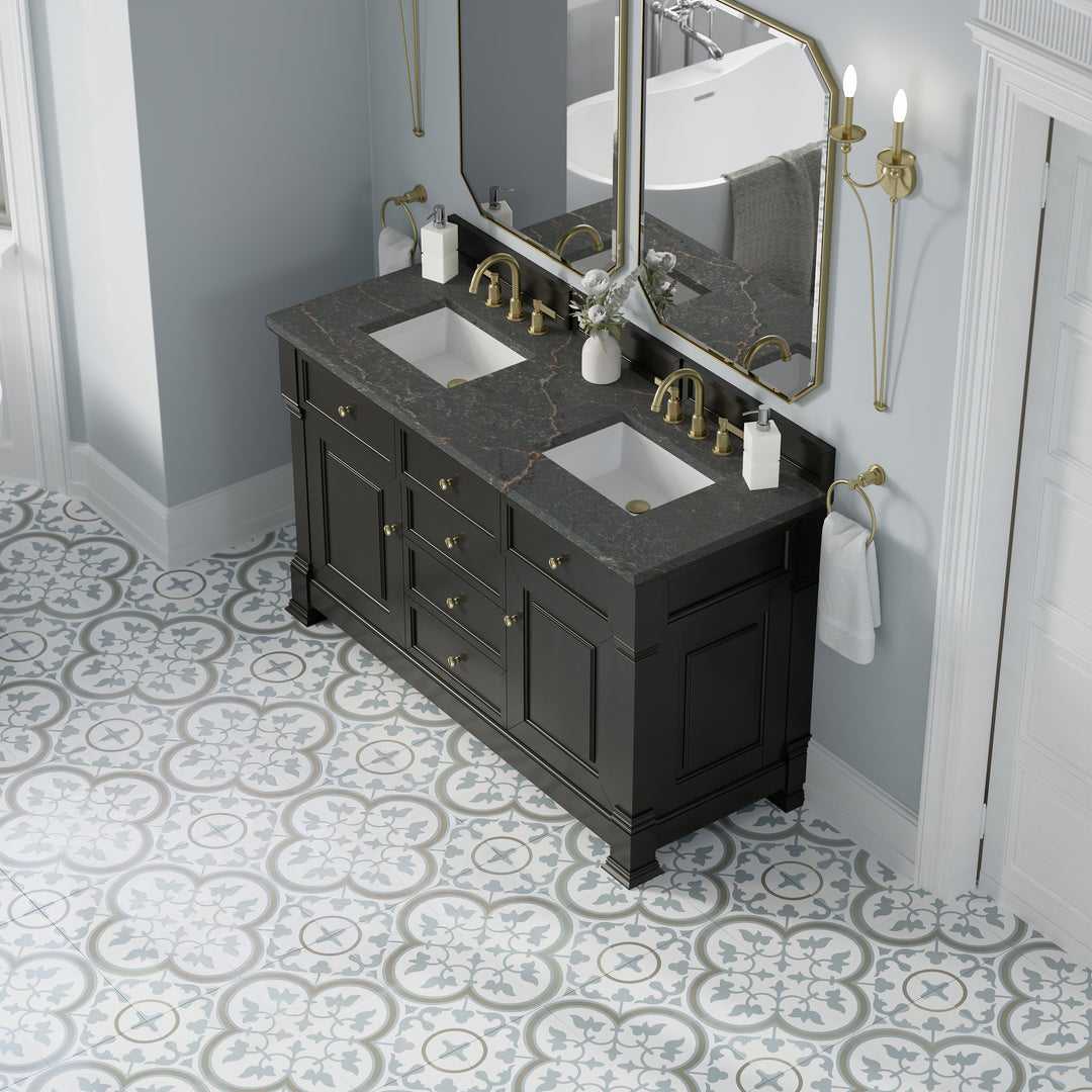 Brookfield 60" Double Vanity, Black Onyx w/ 3 CM Parisien Bleu Silestone® Top w/FreePower Wireless Charger