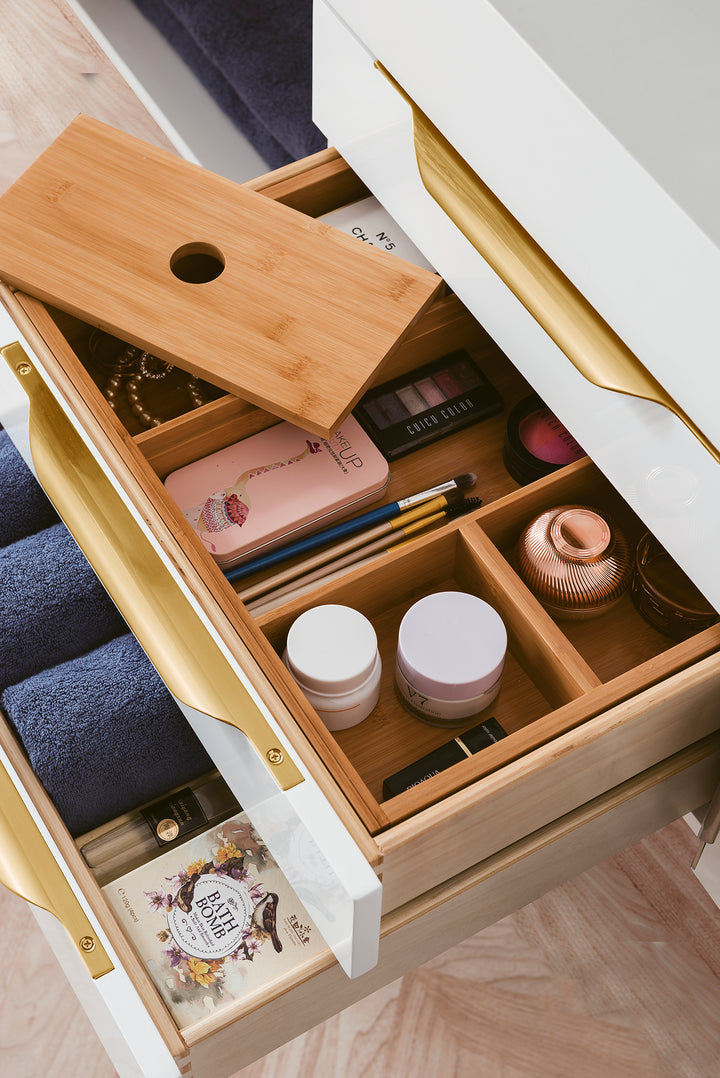 Columbia 59" Double Wall Mount Vanity, Glossy White, Radiant Gold w/ Glossy White Composite Stone Top