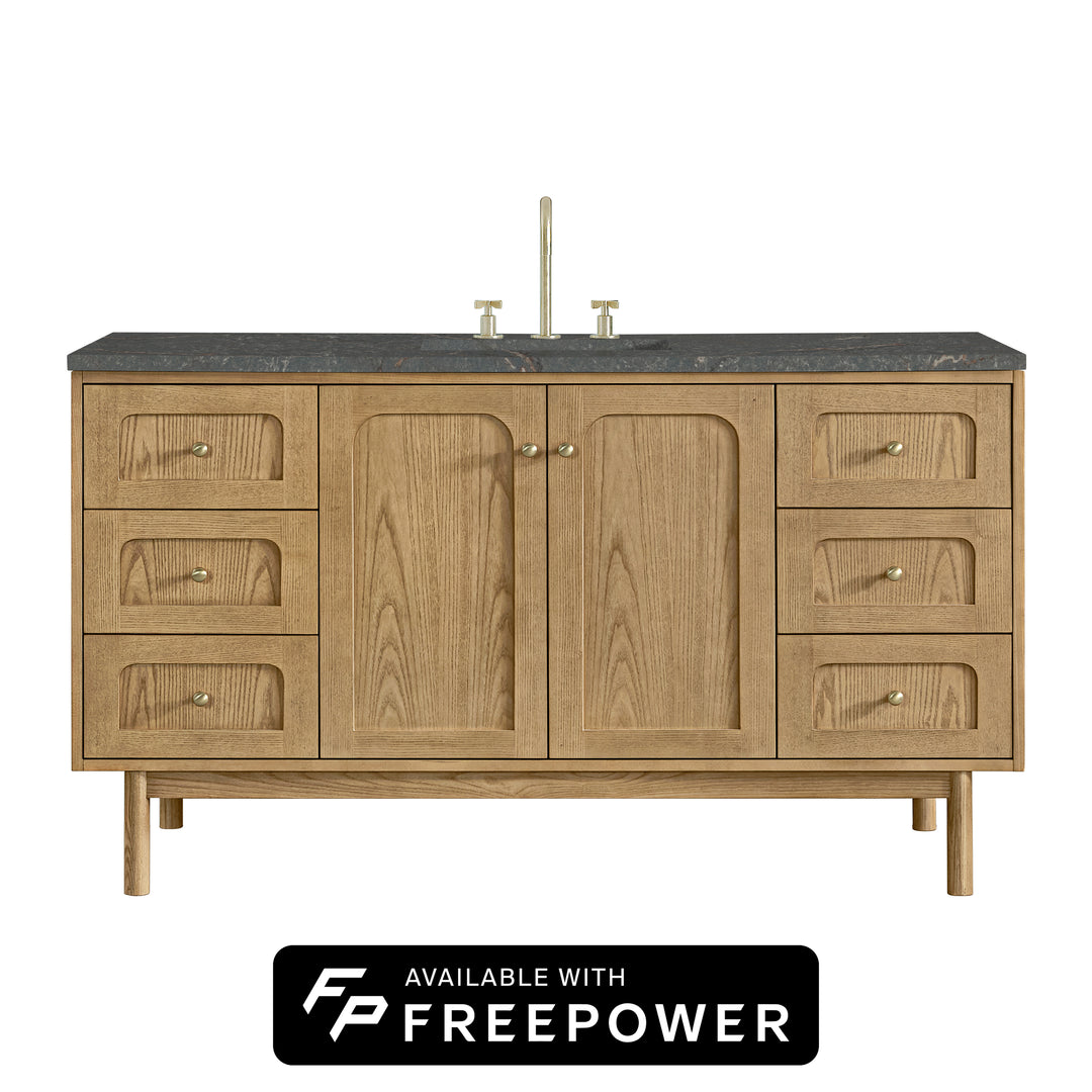 Laurent 60" Single Vanity, Light Natural Oak, w/ 3 CM Parisien Bleu Silestone Top w/ FreePower Wireless Charger