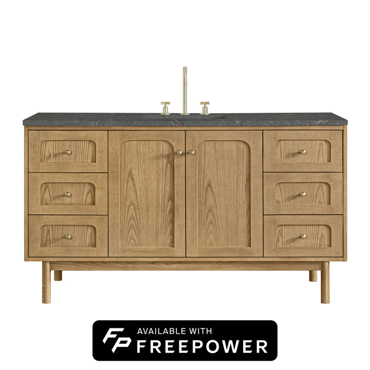 Laurent 60" Single Vanity, Light Natural Oak, w/ 3 CM Parisien Bleu Silestone Top w/ FreePower Wireless Charger