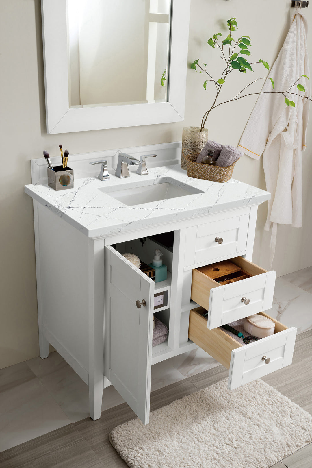 Palisades 36" Single Vanity, Bright White w/ 3 CM Ethereal Noctis Silestone Top