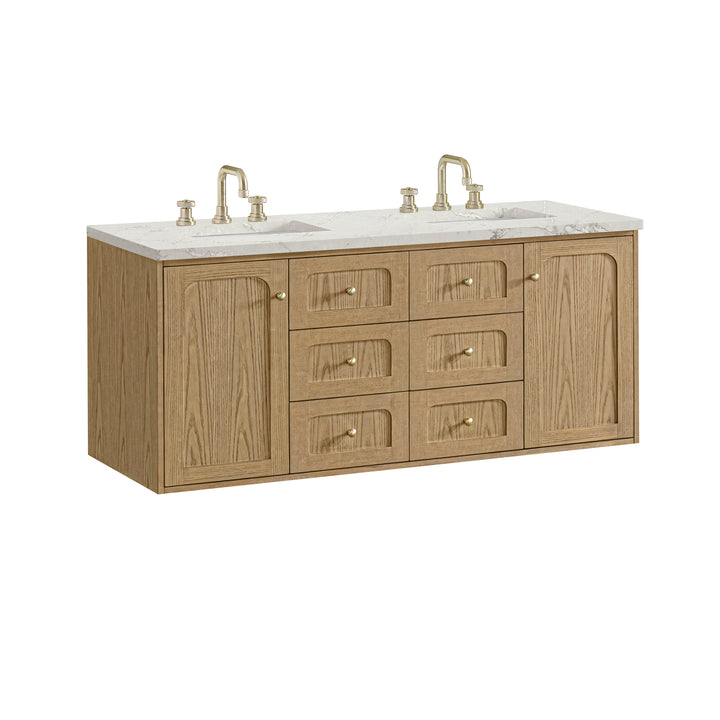 Laurent 60" Double Vanity, Light Natural Oak, w/ 3 CM Victorian Silver Quartz Top w/FreePower Wireless Charger