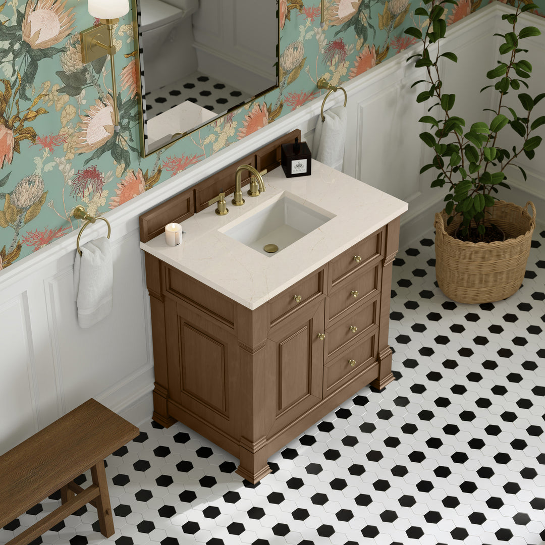 Brookfield 36" Single Vanity, Pecan w/ 3 CM Eternal Marfil Silestone® Top