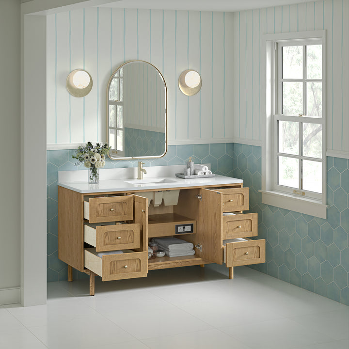 Laurent 60" Single Vanity, Light Natural Oak, w/ Single Hole 3 CM White Zeus Quartz Top & Backsplash