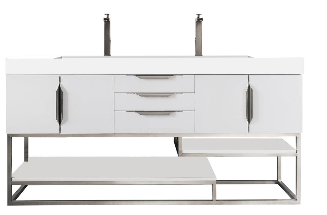 Columbia 72" Double Vanity, Glossy White, Brushed Nickel w/ Glossy White Composite Stone Top
