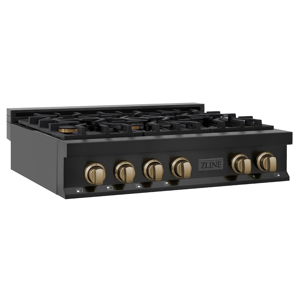 ZLINE Autograph Edition 36 in. Legacy Gas Rangetop with 6 Burners and Porcelain Cooktop in Black Stainless Steel with Champagne Bronze Accents (RTBZ-36-CB)