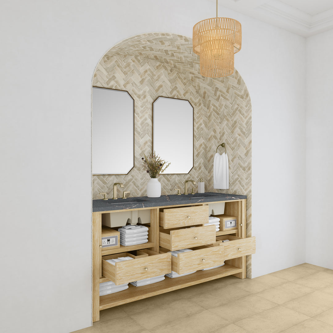 Marigot 72" Double Vanity, Sunwashed Oak w/ 3 CM Parisien Bleu Silestone Top w/ FreePower Wireless Charger