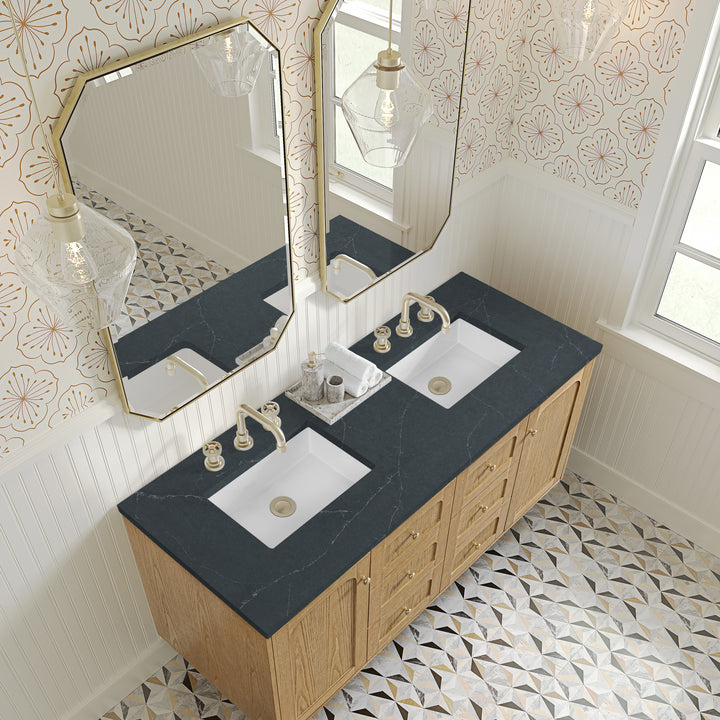 Laurent 60" Double Vanity, Light Natural Oak, w/ 3 CM Charcoal Soapstone Quartz Top