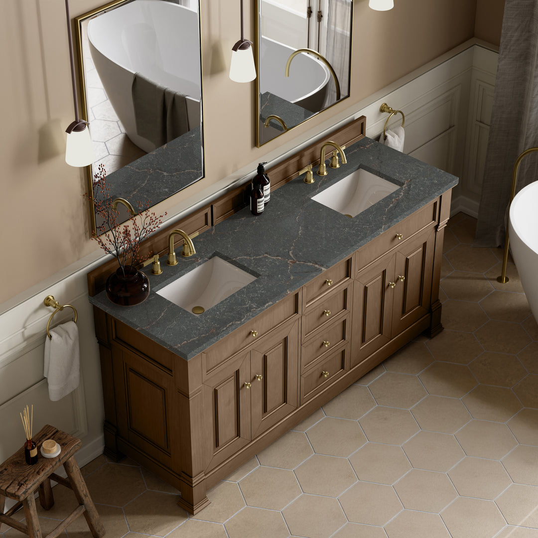 Brookfield 72" Double Vanity, Pecan w/ 3 CM Parisien Bleu Silestone® Top