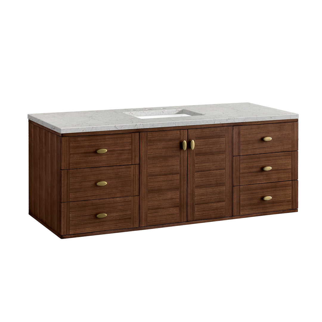 Amberly 60" Single Vanity, Mid-Century Walnut w/ 3 CM Eternal Jasmine Pearl Top w/FreePower Wireless Charger