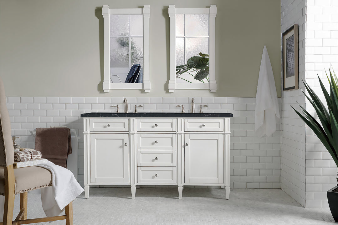 Brittany 60" Double Vanity, Bright White Vanity w/ 3 CM Charcoal Soapstone Silestone Top