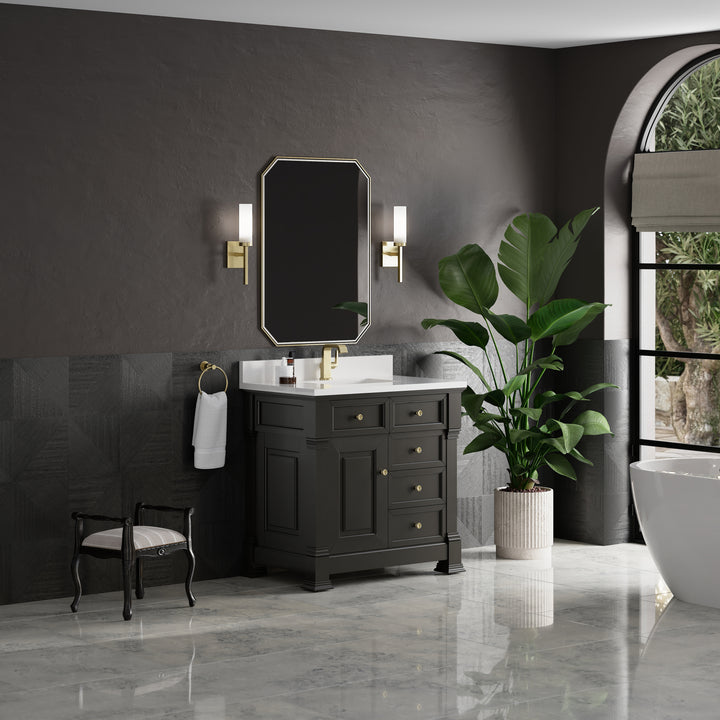 Brookfield 36" Single Vanity, Black Onyx w/ Single Hole 3 CM White Zeus Silestone® Top & Backsplash