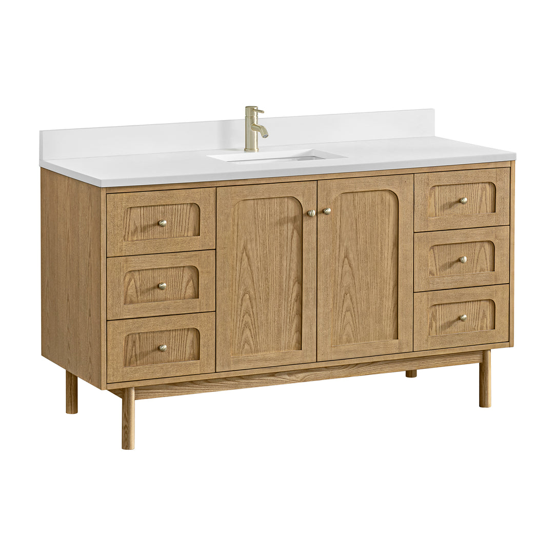 Laurent 60" Single Vanity, Light Natural Oak, w/ Single Hole 3 CM White Zeus Quartz Top & Backsplash