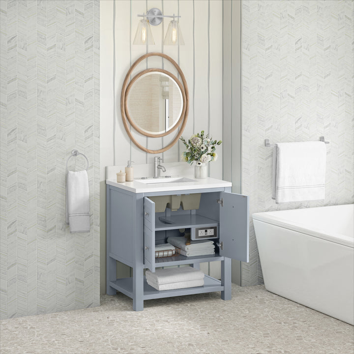 Breckenridge 30" Single Vanity, Serenity Blue, w/ Single Hole 3 CM White Zeus Quartz Top & Backsplash