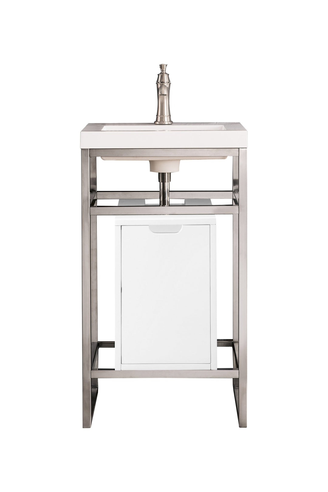 Boston 20" Single Console Vanity, Brushed Nickel, Glossy White Storage, White Glossy Composite Stone