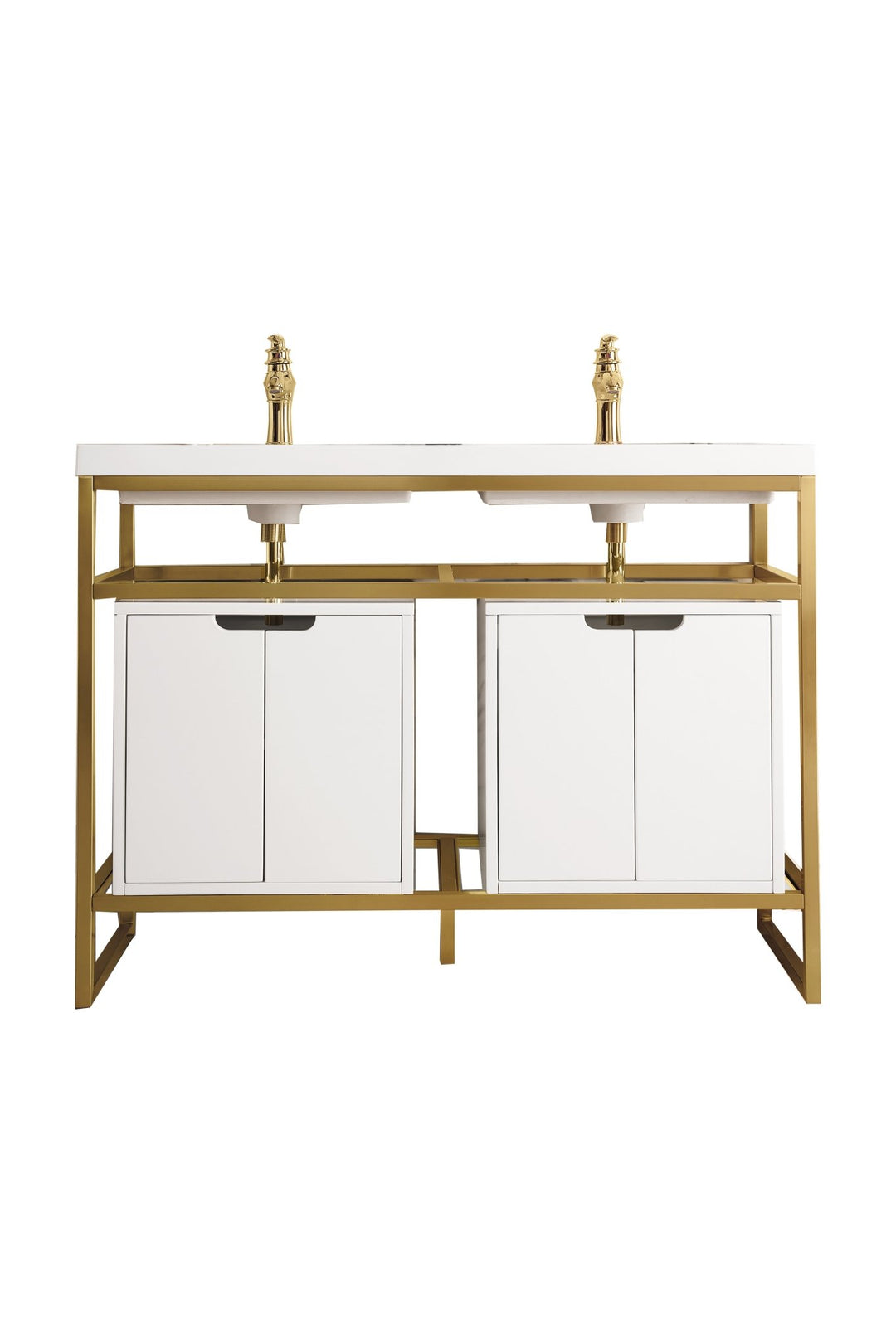 Boston 47" Double Console Vanity, Radiant Gold w/ Glossy White Storage, White Glossy Composite Stone