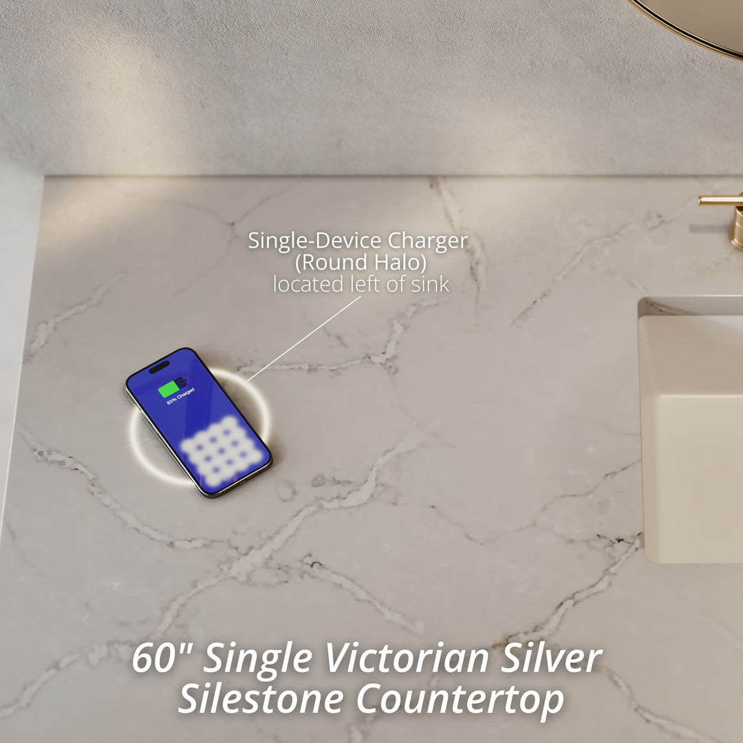 Chicago 60" Single Vanity, Glossy White, w/ 3 CM Victorian Silver Silestone Top w/ FreePower Wireless Charger