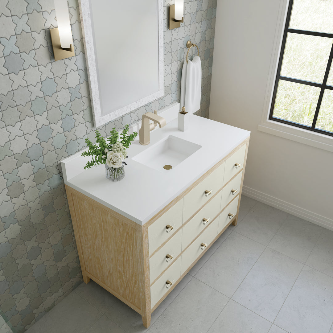 Celeste 48" Single Vanity, Sunwashed Oak with Embossed Shagreen w/ Single Hole 3 CM White Zeus Silestone Top & Backsplash