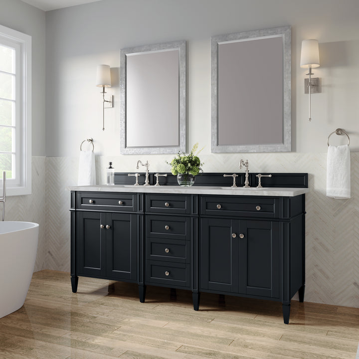 Brittany 72" Double Vanity, Black Onyx w/ 3 CM Victorian Silver Silestone Top