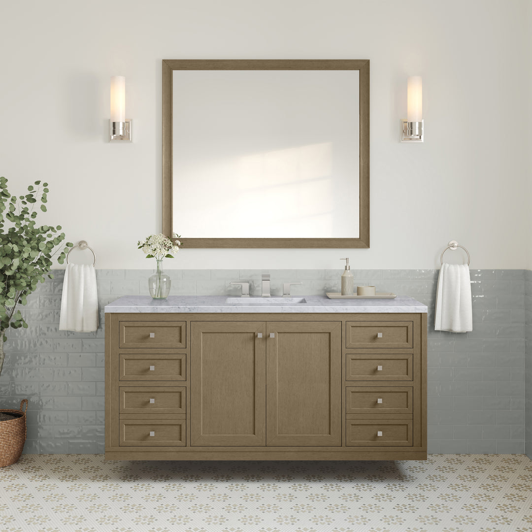 Chicago 60" Single Vanity, Walnut Whisper, w/ 3 CM Carrara Marble Top