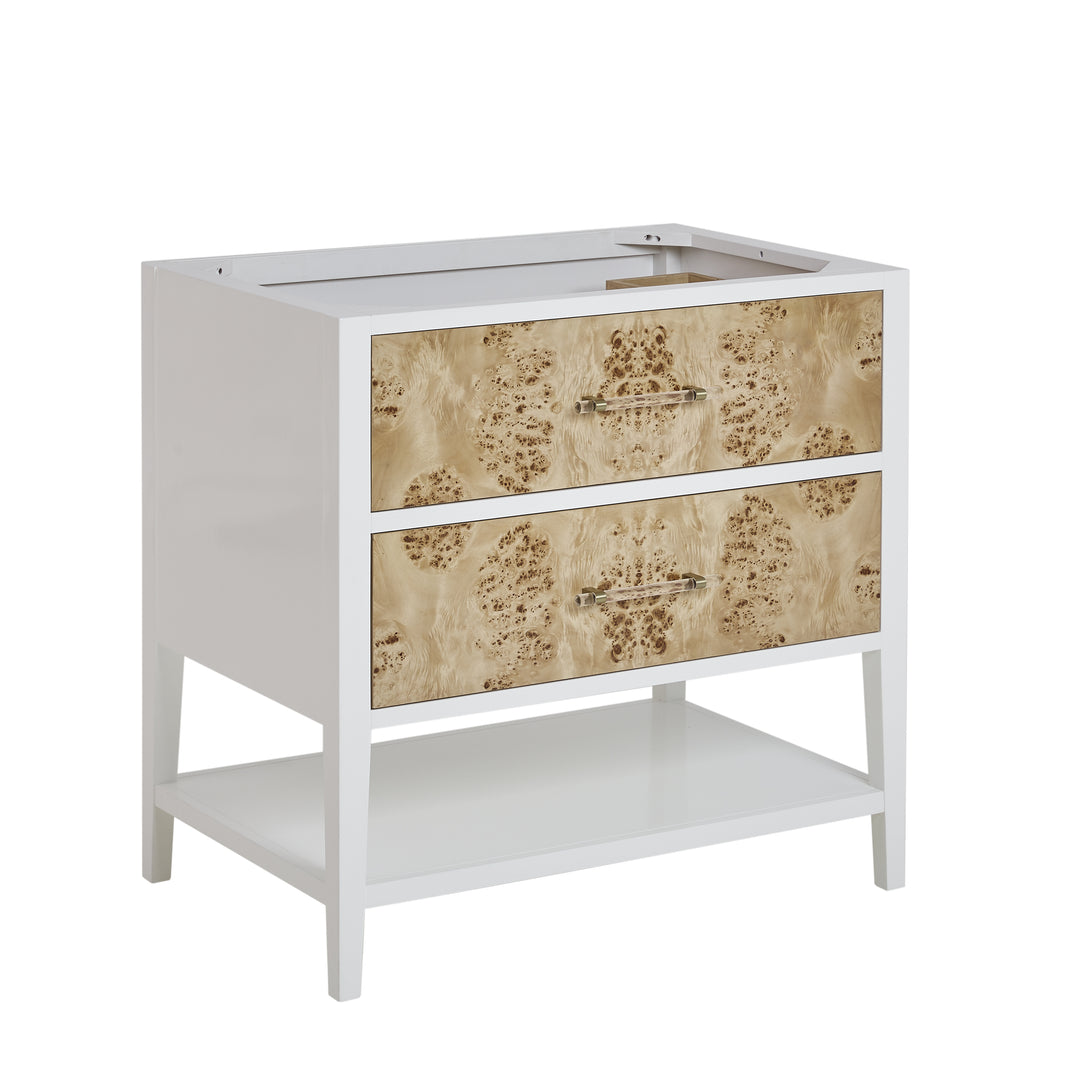 Olena 36" Single Vanity, Light Mappa Burl and Polished White w/ Single Hole 3 CM White Zeus Silestone Top & Backsplash