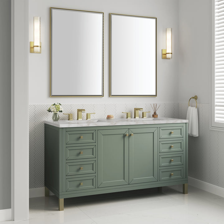Chicago 60" Double Vanity, Smokey Celadon, w/ 3 CM Victorian Silver Silestone® Top