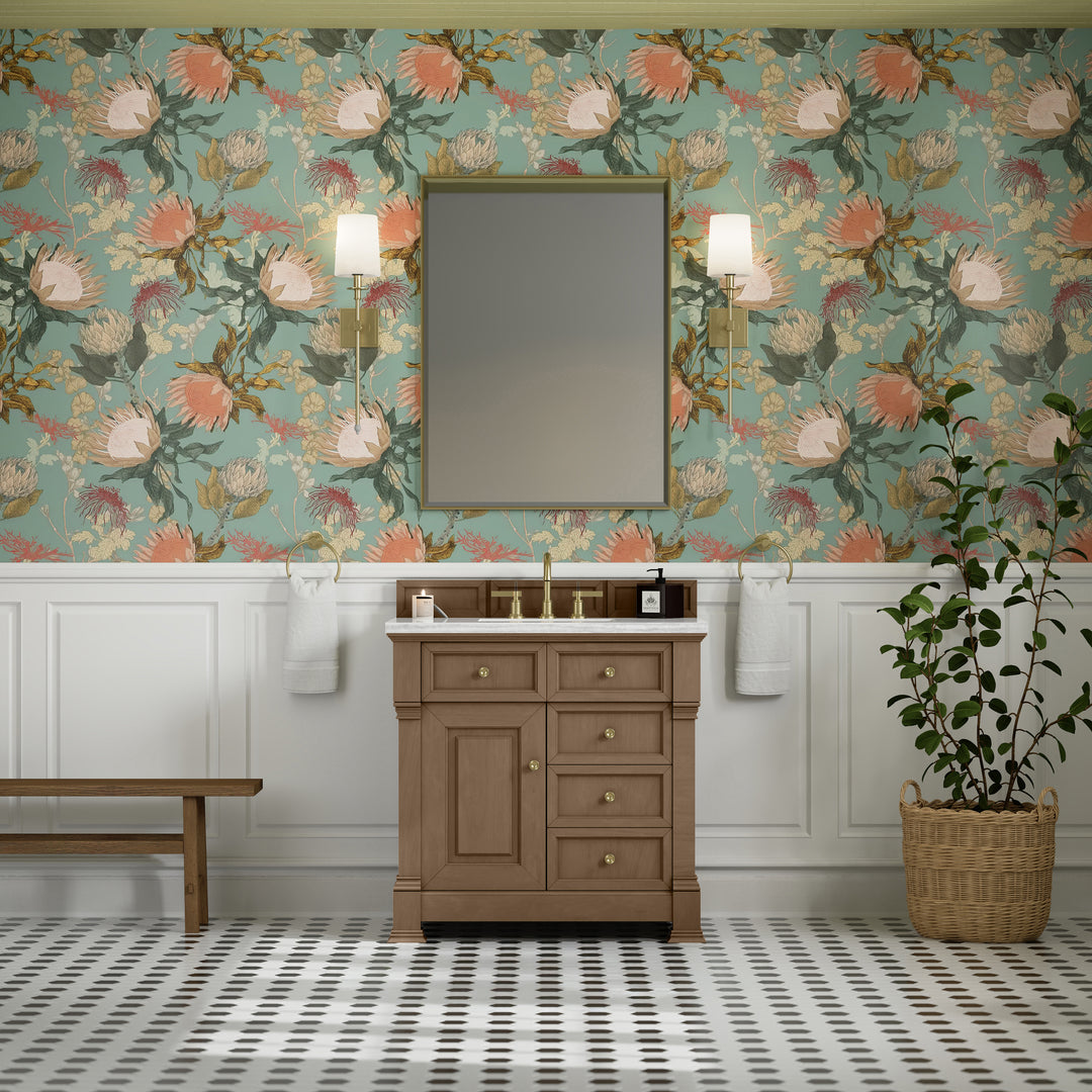 Brookfield 36" Single Vanity, Pecan w/ 3 CM Arctic Fall Solid Surface Top