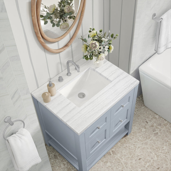 Breckenridge 30" Single Vanity, Serenity Blue, w/ 3 CM Arctic Fall Solid Surface Top