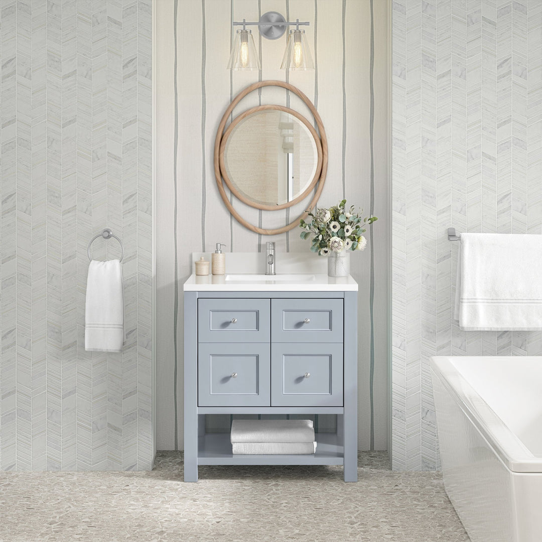 Breckenridge 30" Single Vanity, Serenity Blue, w/ Single Hole 3 CM White Zeus Quartz Top & Backsplash