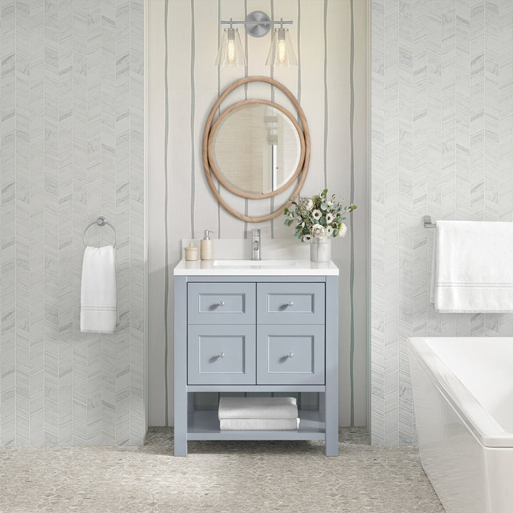 Breckenridge 30" Single Vanity, Serenity Blue, w/ Single Hole 3 CM White Zeus Quartz Top & Backsplash